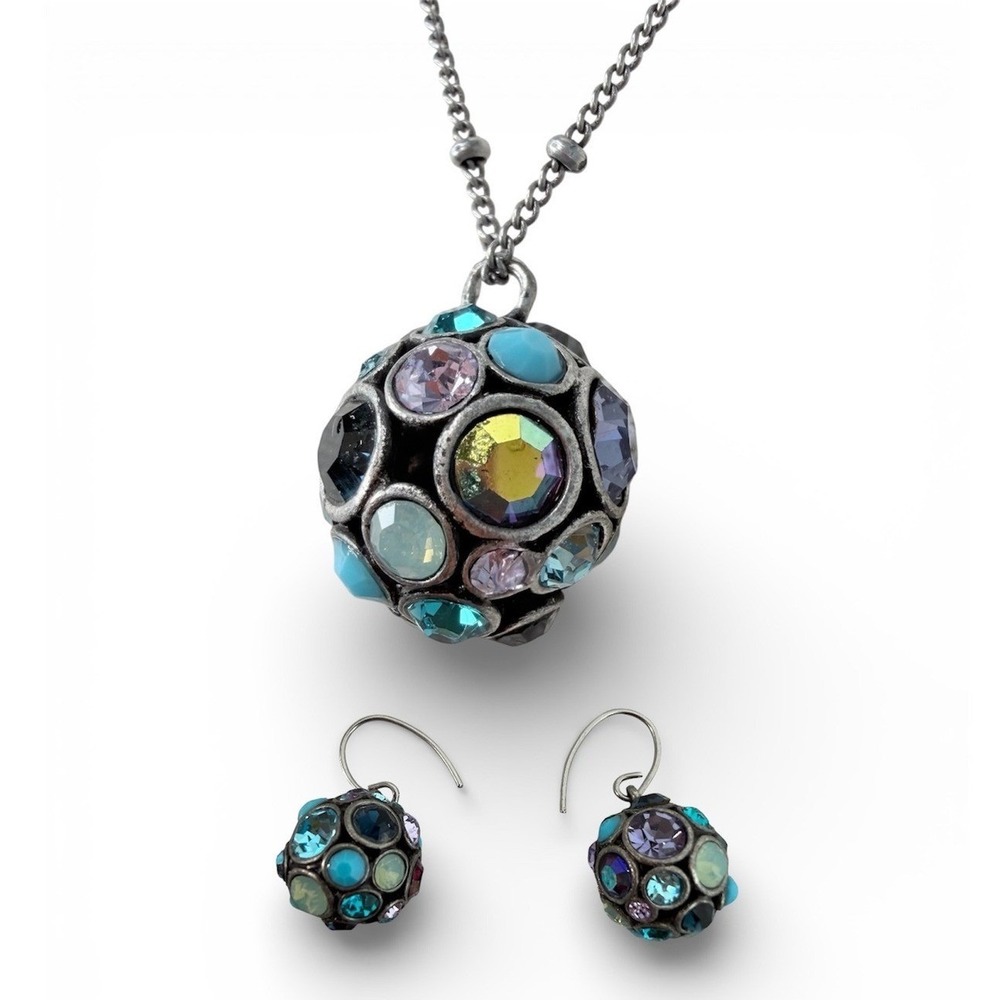 Fossil Charm Necklace Earring Set Crystal Aurora Borealis Blue Purple Rhinestone